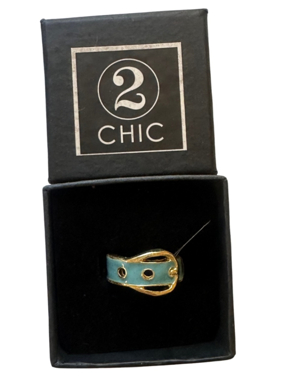NEW Two's Company 2Chic Buckle Ring - Blue and Gold - 7
